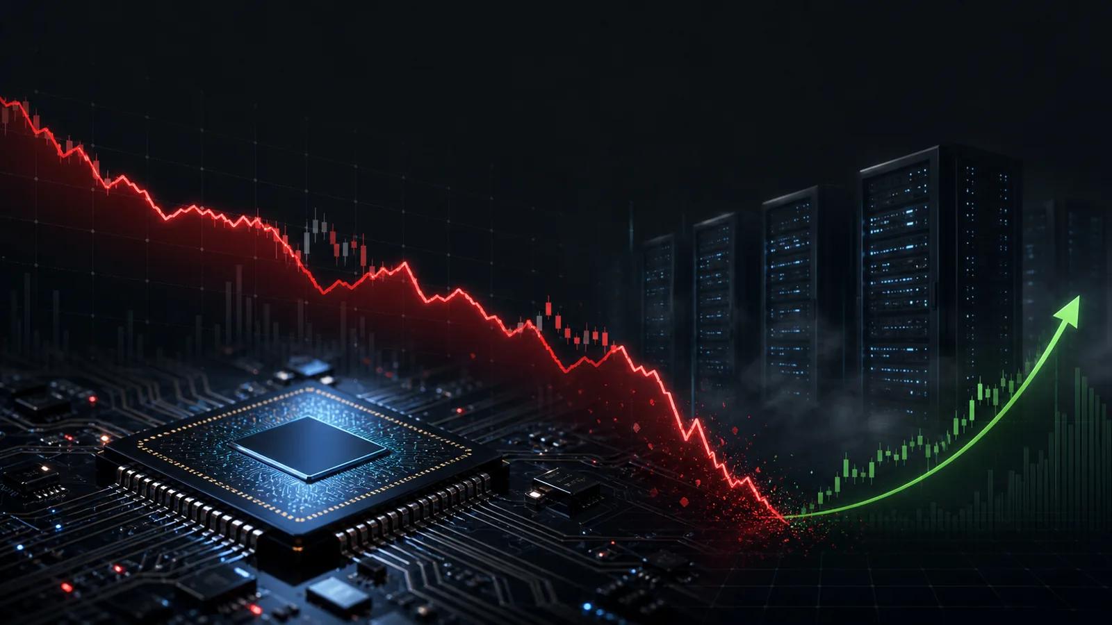 Semiconductor chip with a falling stock chart and a recovery arrow