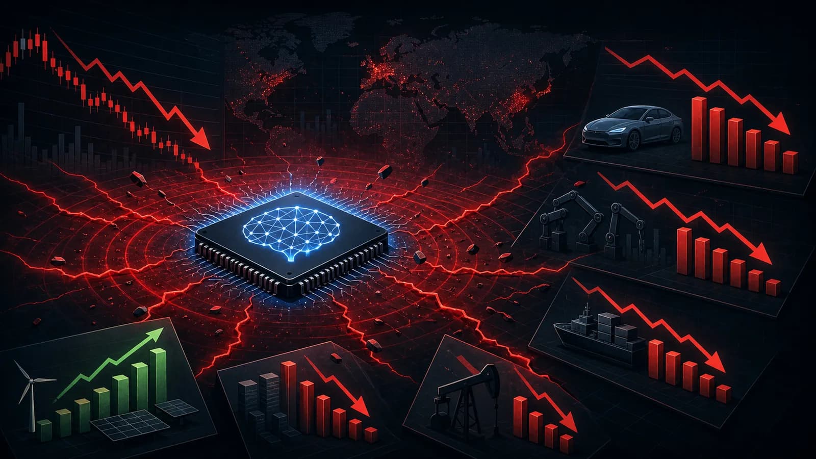 Illustration of an AI chip selloff spreading across the broader stock market