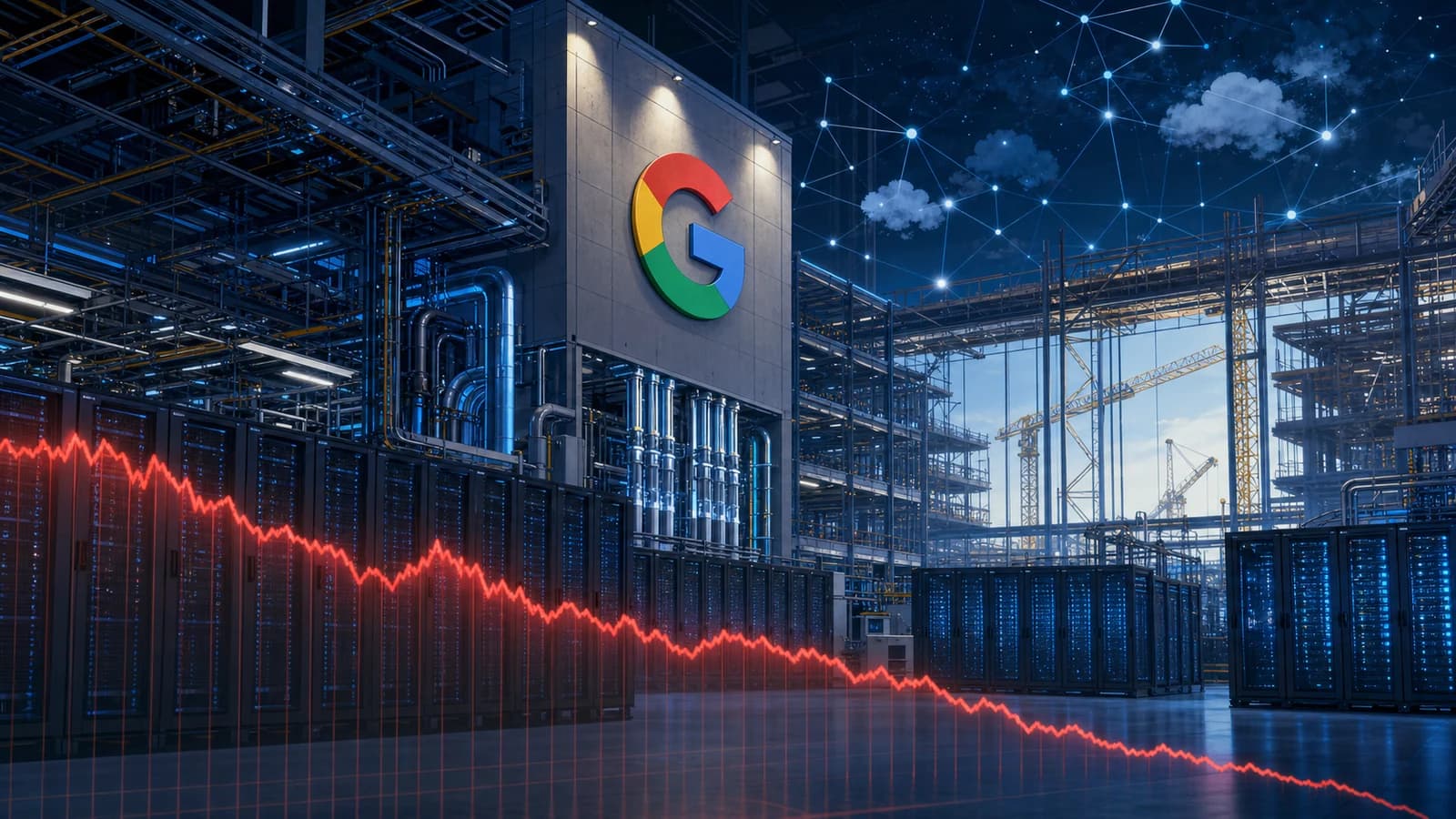 Editorial illustration of an expanding Google AI data center with server racks, construction cranes, cloud-network nodes, and a falling red market line