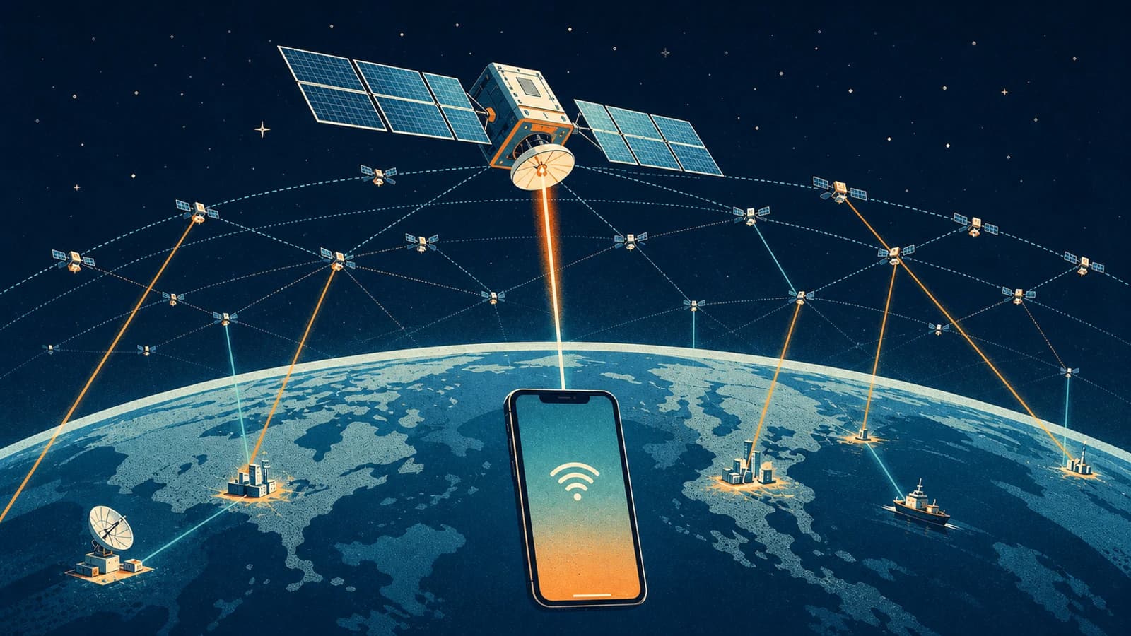 Editorial illustration of an Amazon Leo satellite constellation linking directly to a smartphone from low Earth orbit
