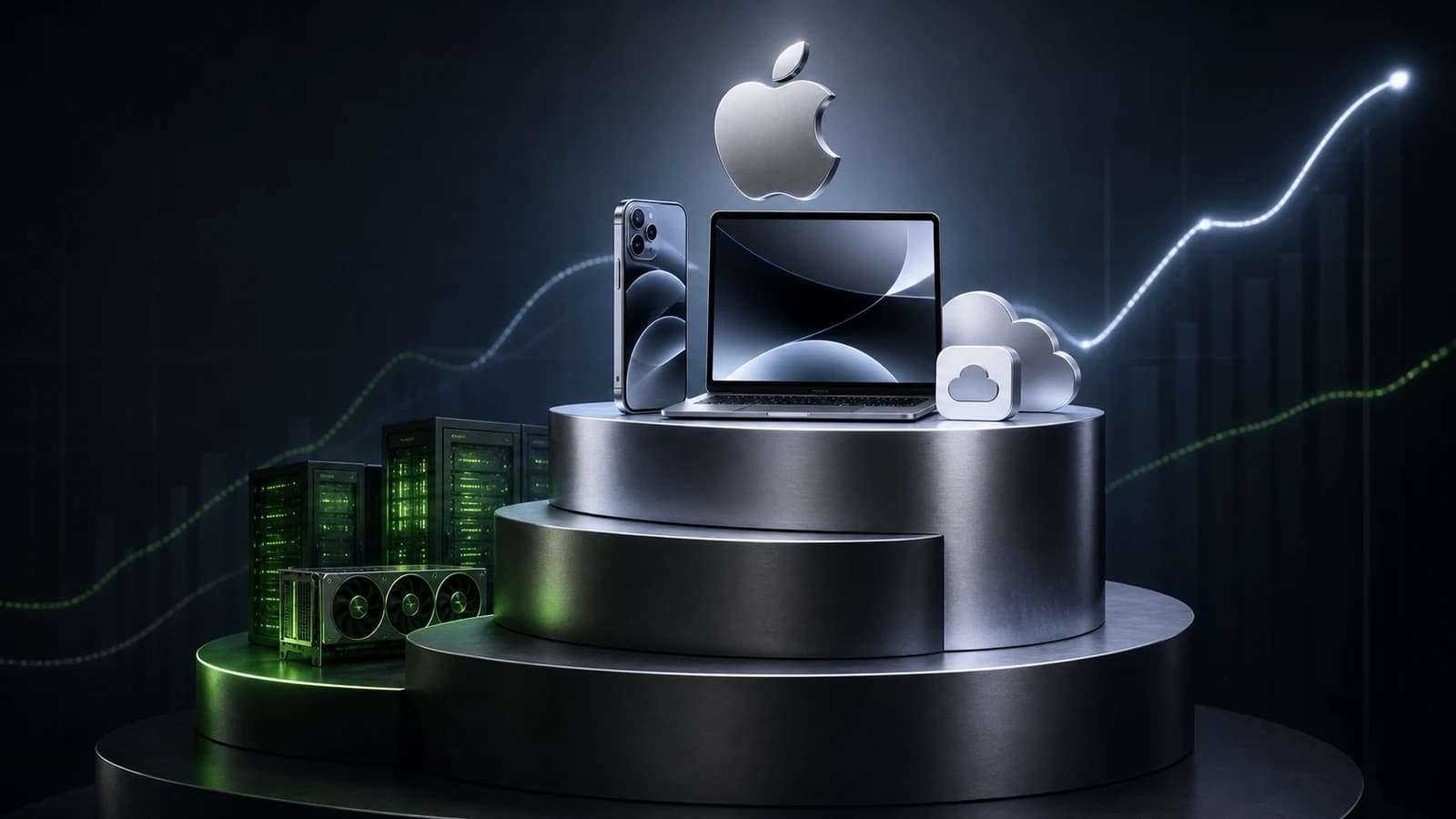 Editorial illustration of Apple devices on the highest market platform above green AI servers, with rising market lines