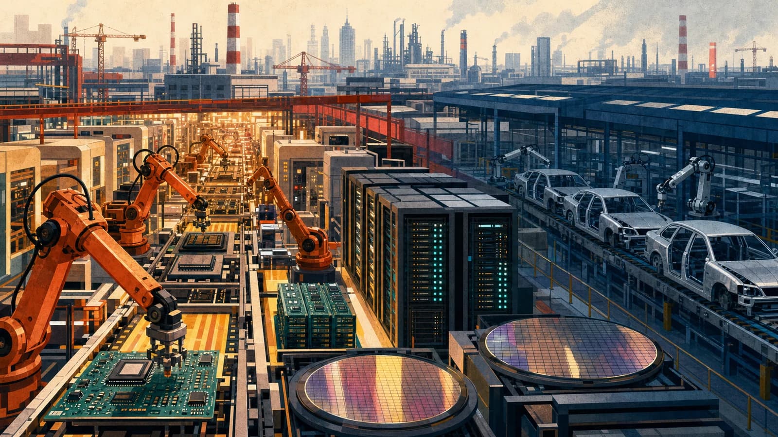 Editorial illustration of a brightly lit electronics factory with chips, circuit boards, wafers and server racks beside a cooler automobile assembly line in China