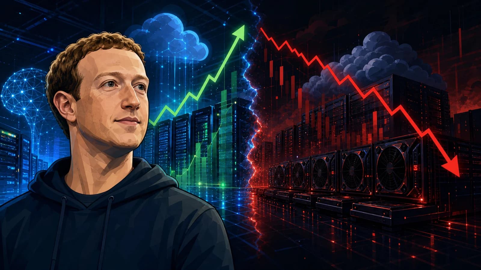 Illustration of a Meta-like tech CEO figure rising with AI cloud infrastructure while AI server stocks fall on the other side