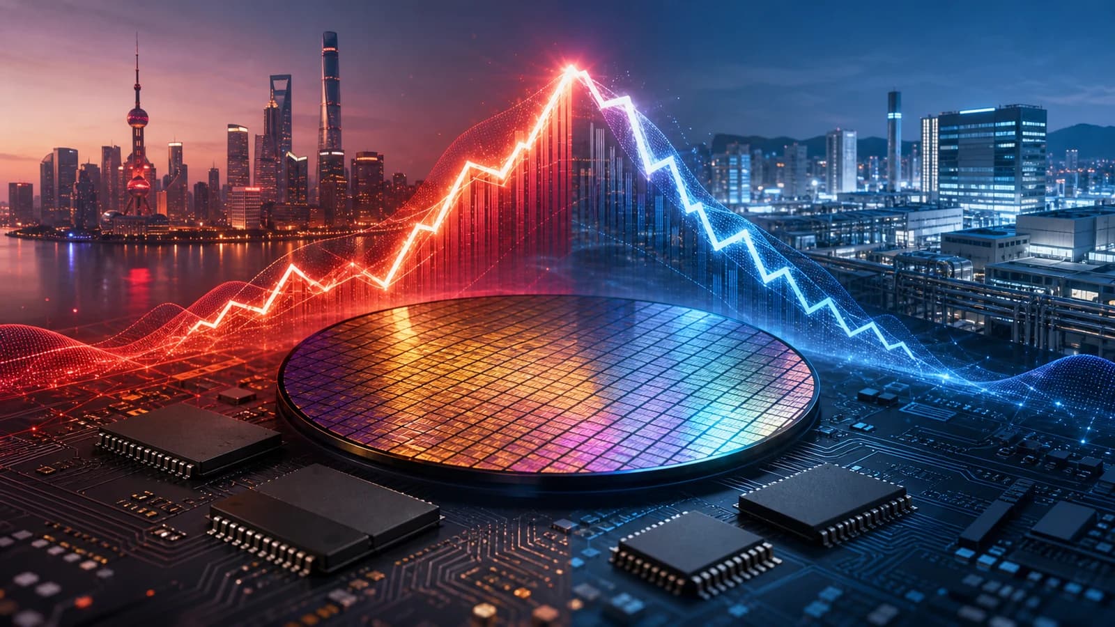 Editorial illustration of a semiconductor wafer and memory chips between a rising Shanghai market line and a falling Korean chip-market line