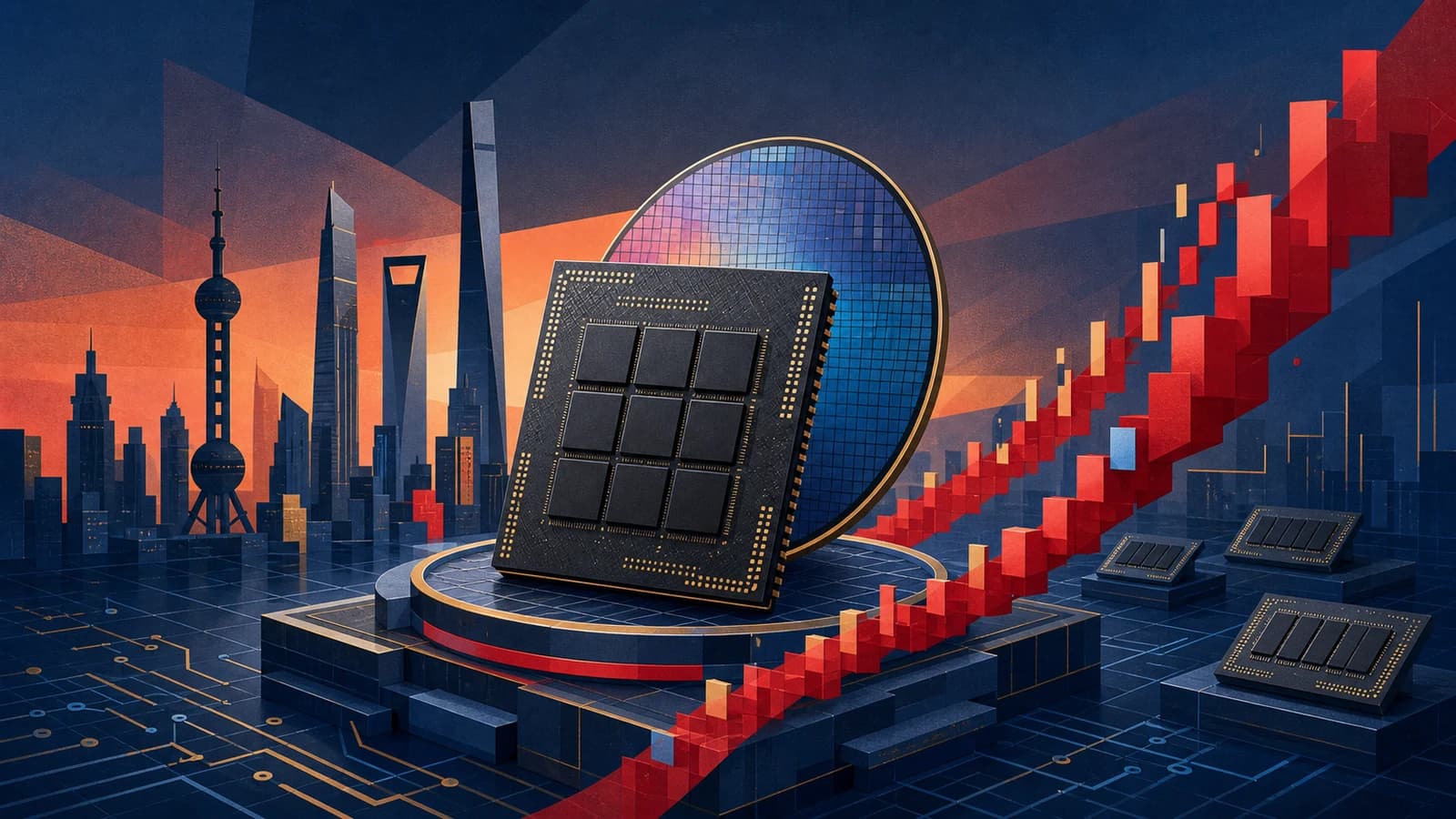 Editorial illustration of DRAM chips and a silicon wafer against the Shanghai skyline with an ascending red market line