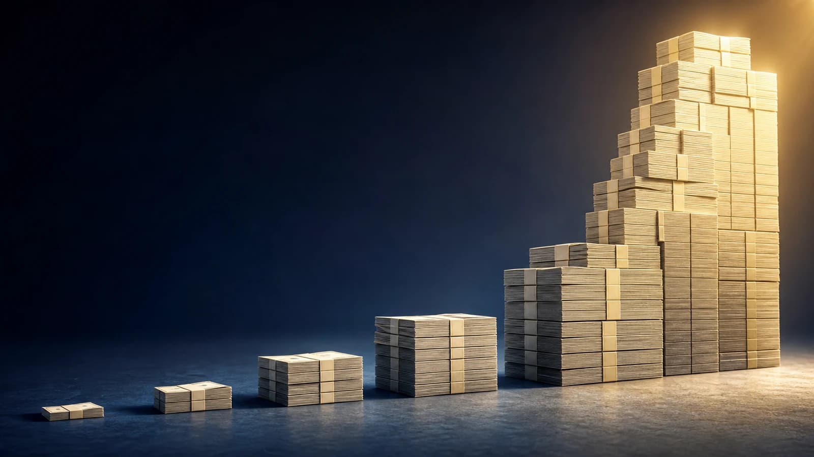 A small bundle of blank banknotes growing into increasingly tall stacks of money under golden light