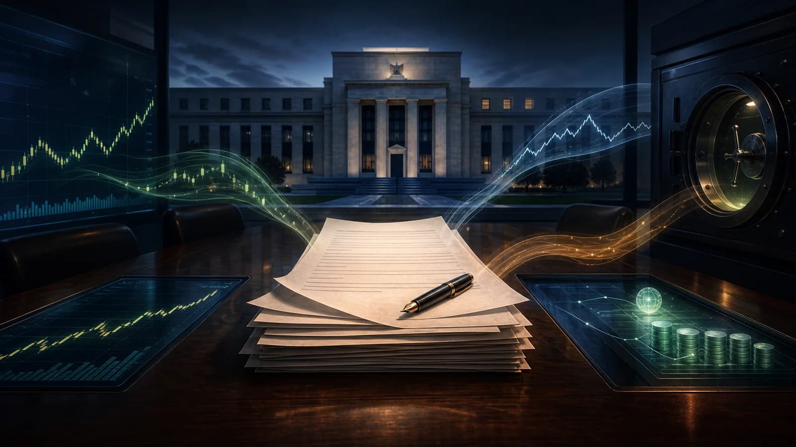 Editorial illustration of Federal Reserve meeting papers connecting stock prices, bond yields, savings rates, and cash return expectations