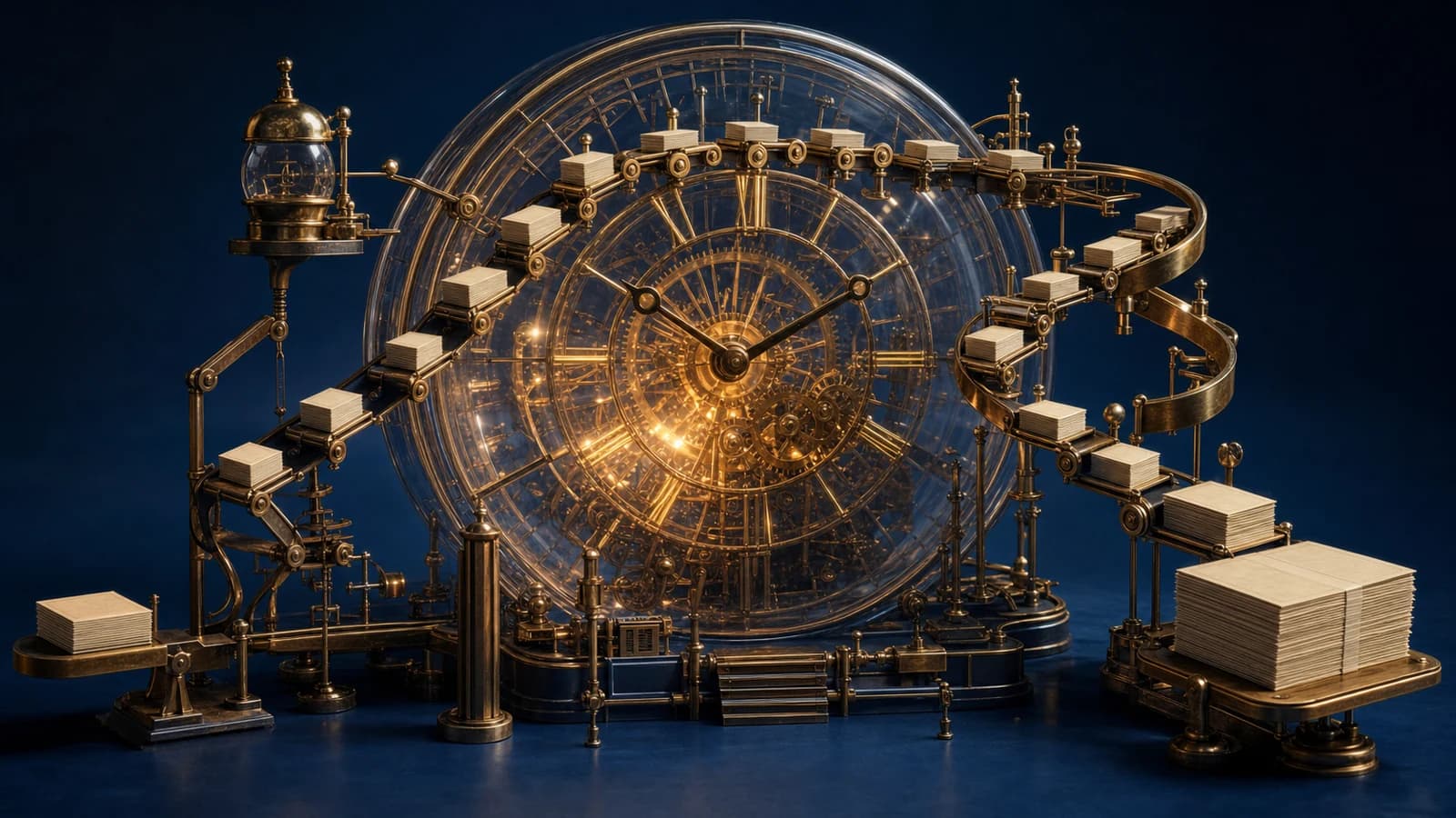 A clockwork mechanism carries bundles of banknotes through time, ending in a larger stack to illustrate compound interest