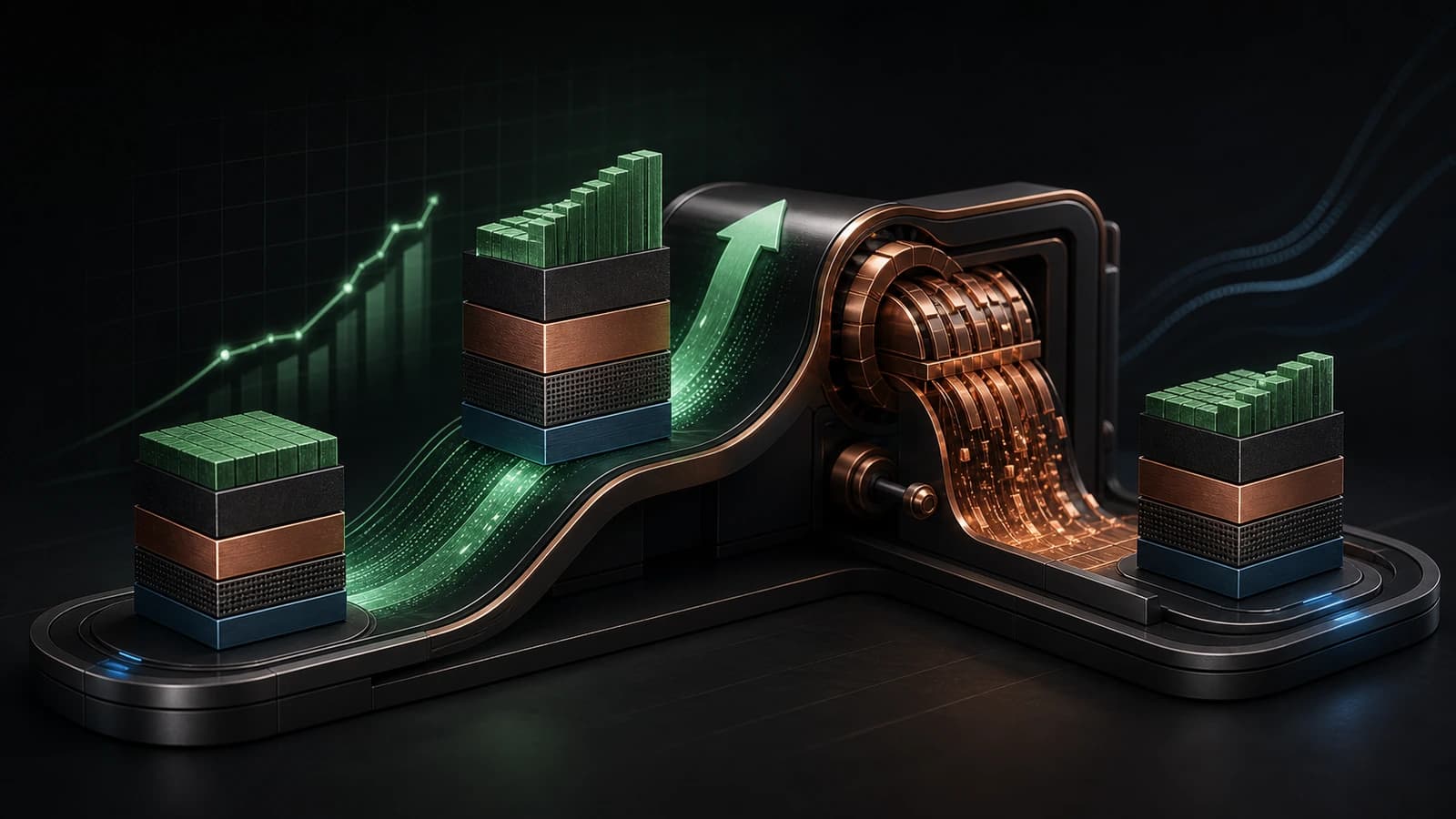 Editorial 3D illustration of a portfolio rising with stock gains before a currency mechanism pulls part of the gain back