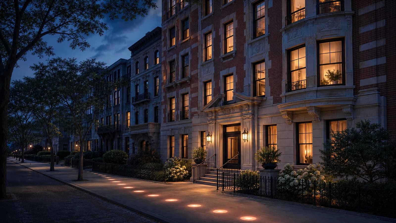 Editorial illustration of a warmly lit Upper West Side apartment building at blue hour, with a subtle path of lights along the sidewalk