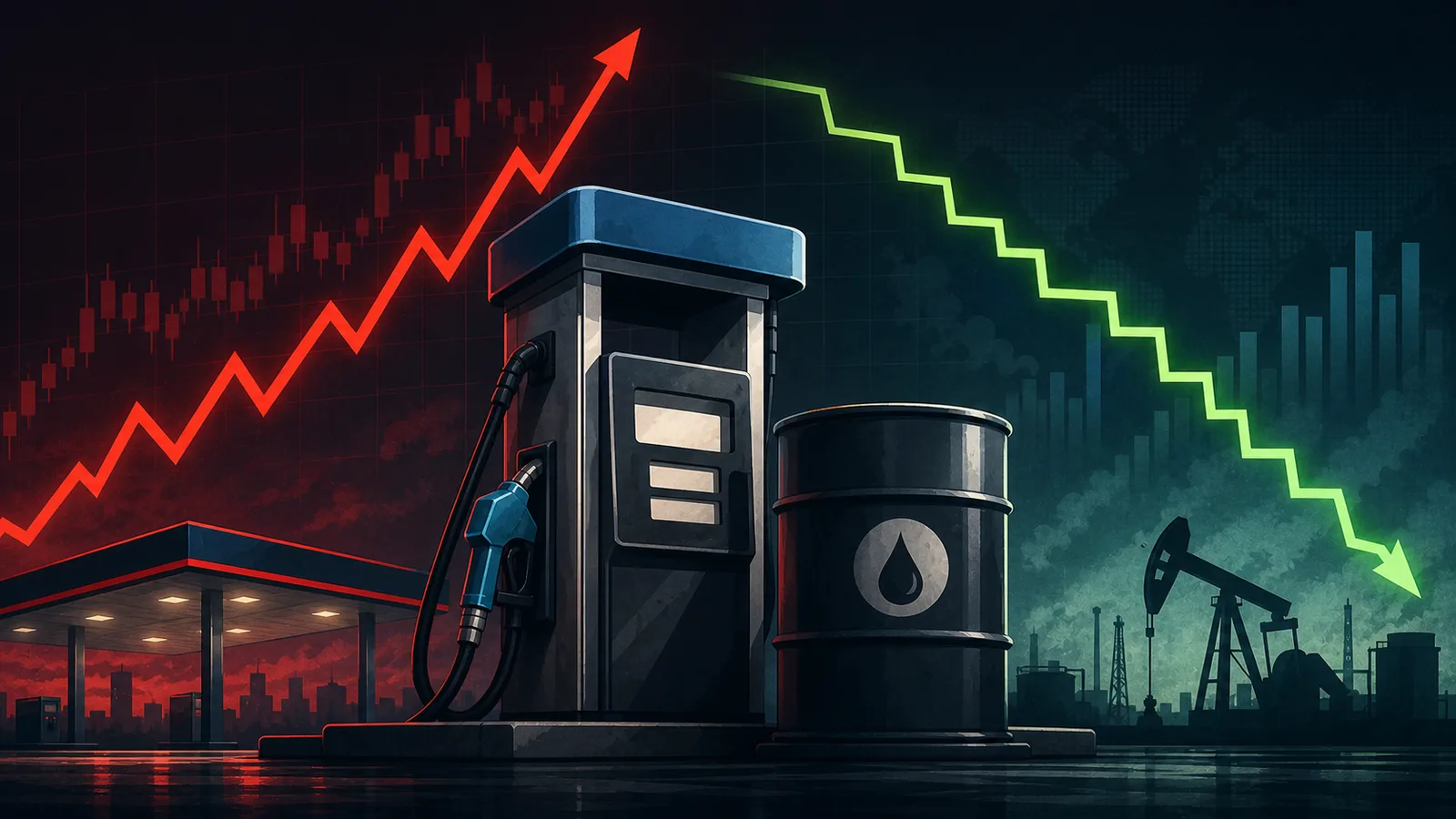 Illustration of a gas pump, oil barrel, and price lines showing gas prices rising fast and falling slowly