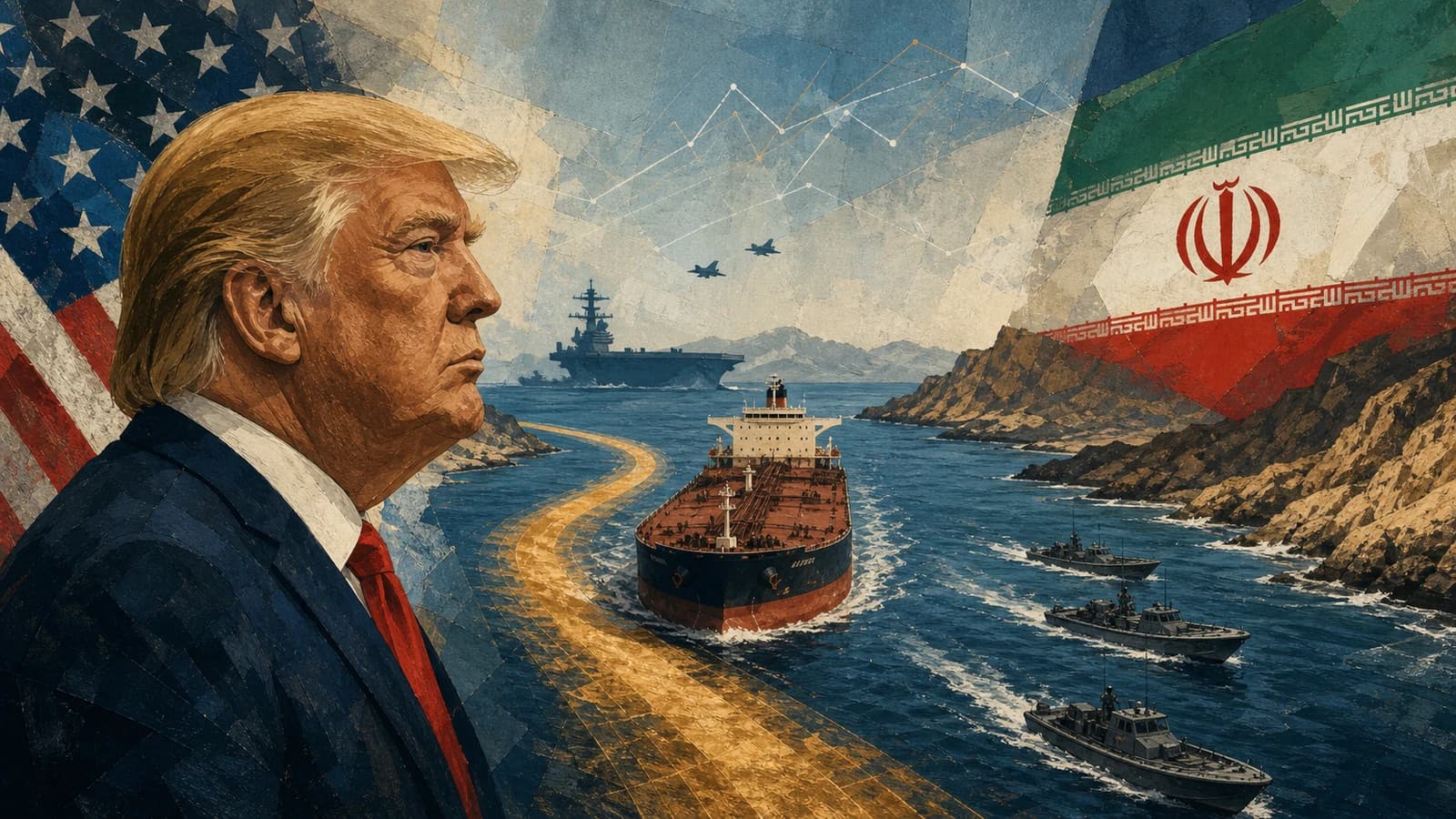 Editorial illustration of Donald Trump, U.S. and Iranian flags, naval vessels, and an oil tanker in the Strait of Hormuz