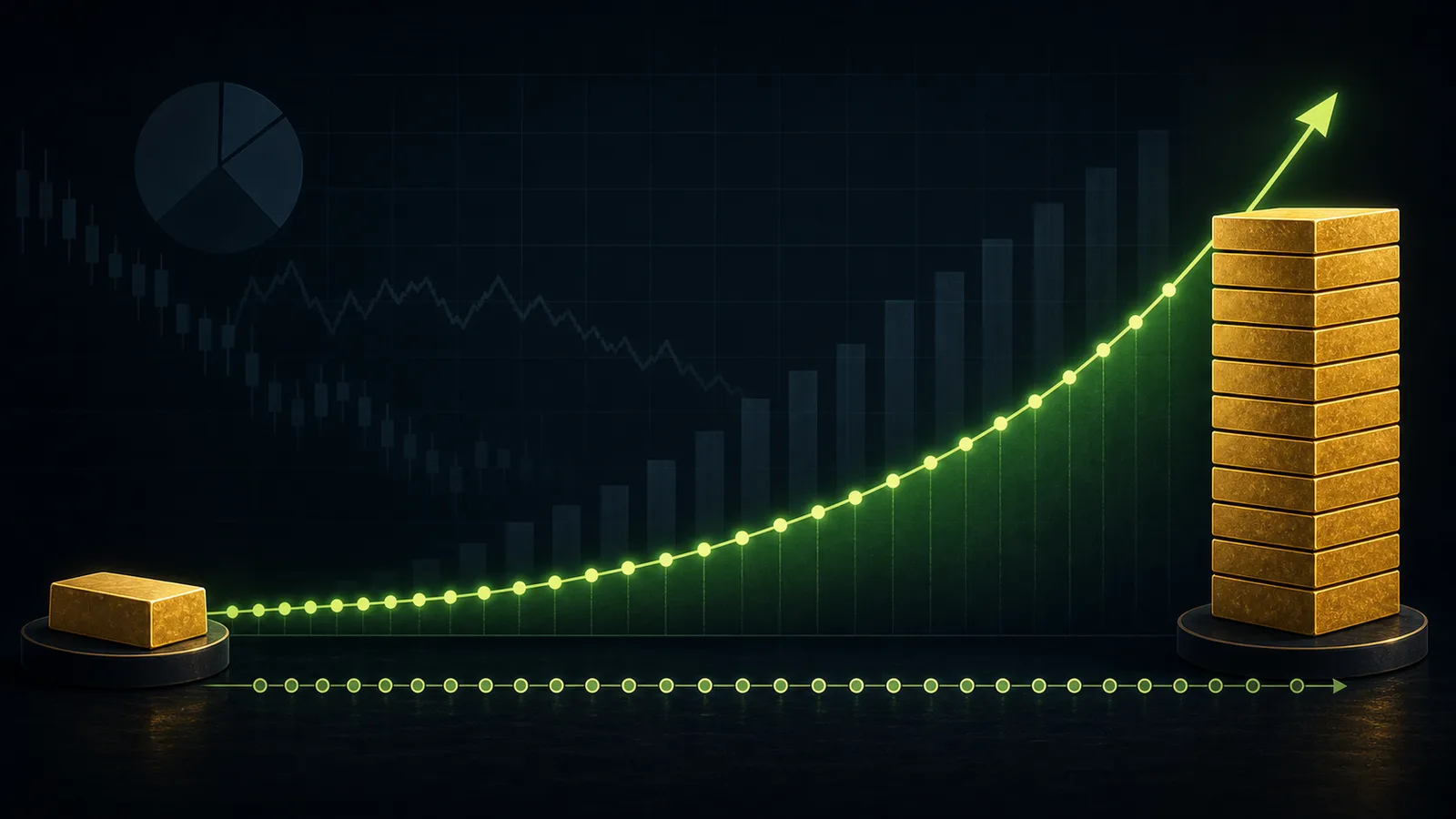 Illustration of money compounding steadily over one hundred daily steps