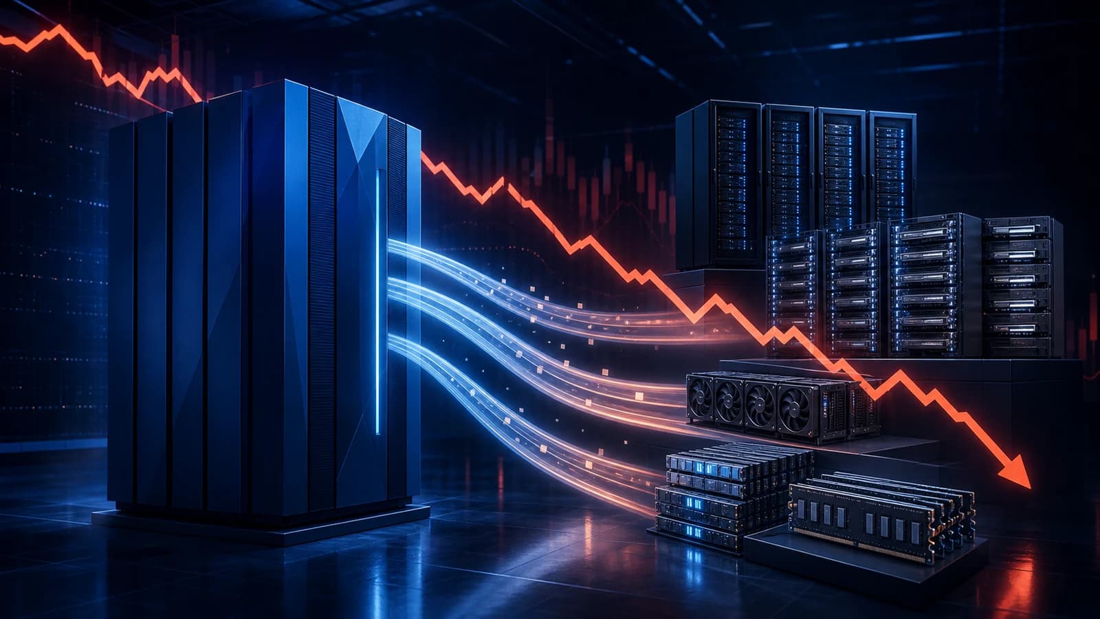 Blue enterprise mainframe losing investment flow to AI servers and memory as a red stock chart falls