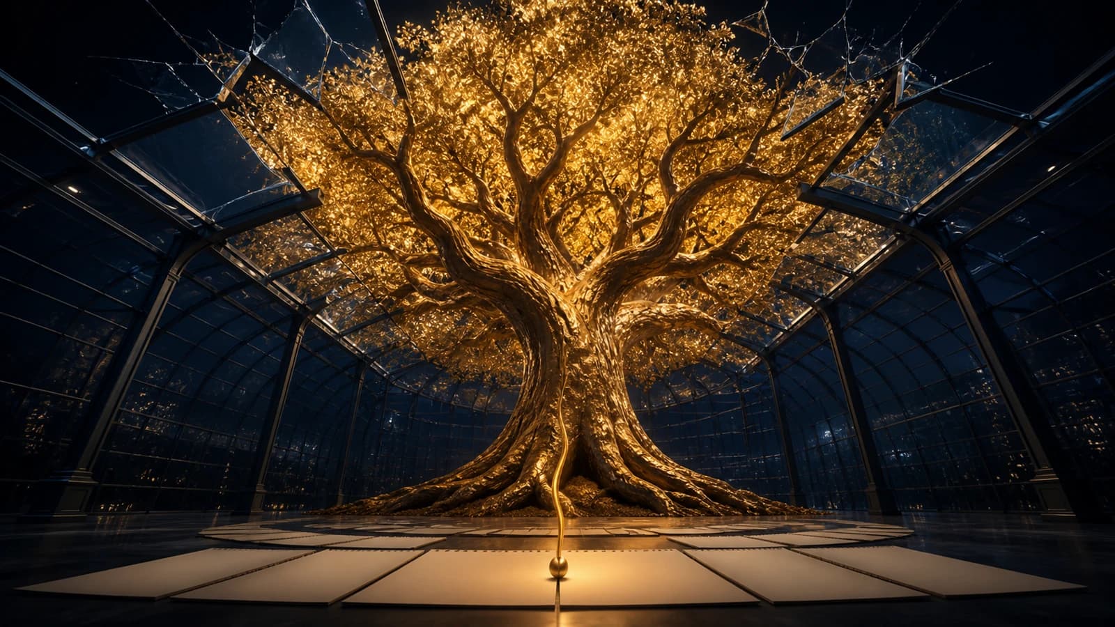 A tiny golden seed on calendar pages growing into a colossal tree that breaks through a glass roof