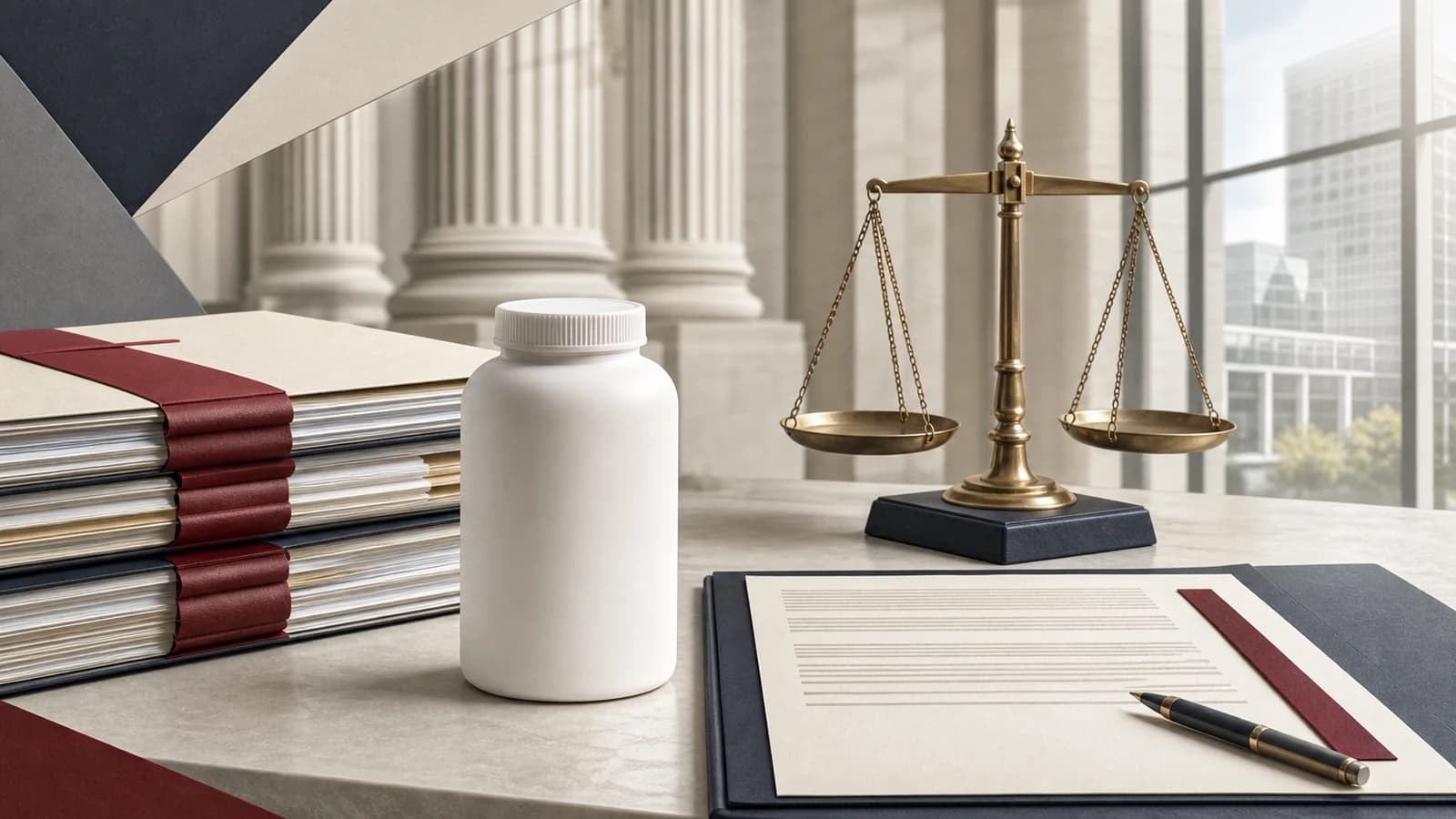Editorial illustration of an unbranded baby powder container, legal case files, a settlement document, courthouse columns, and balanced justice scales