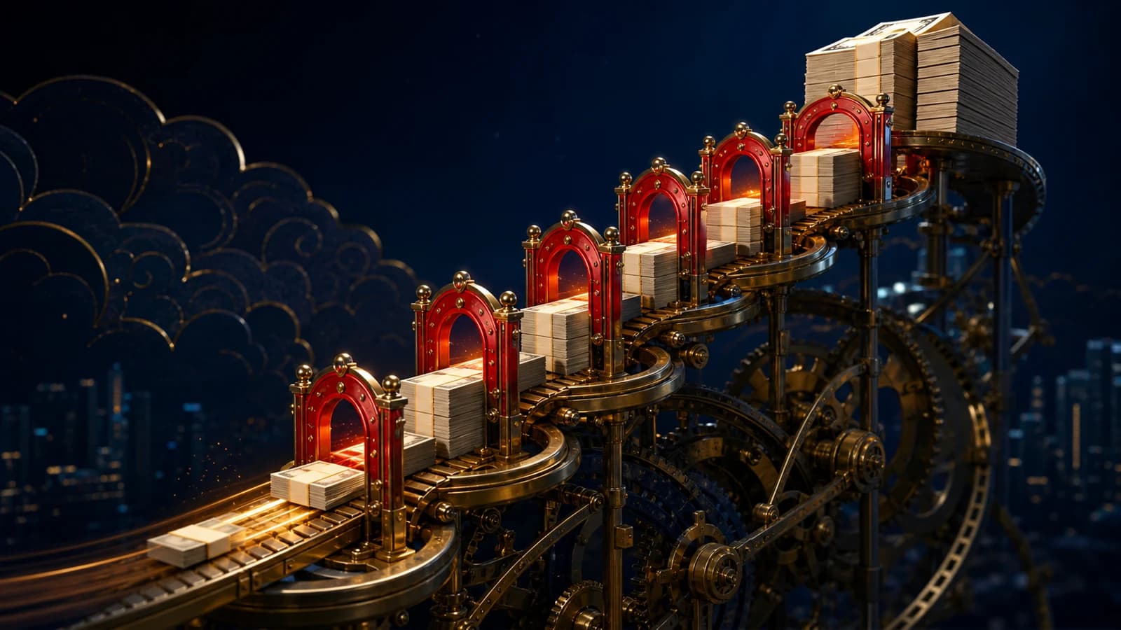An ascending mechanical track carries growing stacks of banknotes through red gates, illustrating repeated Korean stock limit-up days