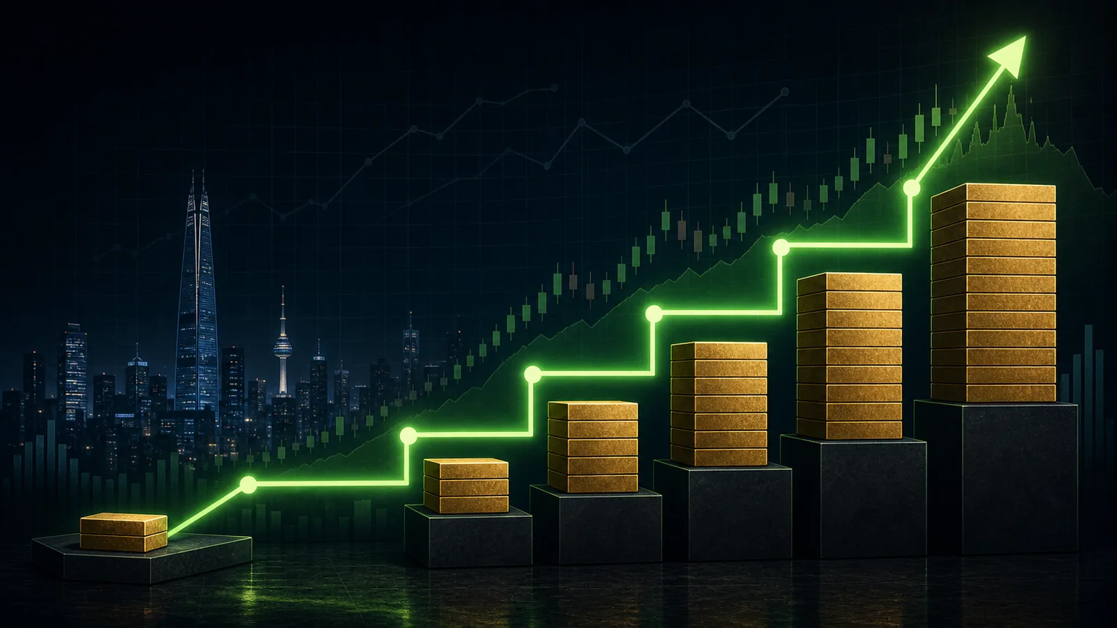 Illustration of repeated Korean stock limit-up moves growing a principal step by step