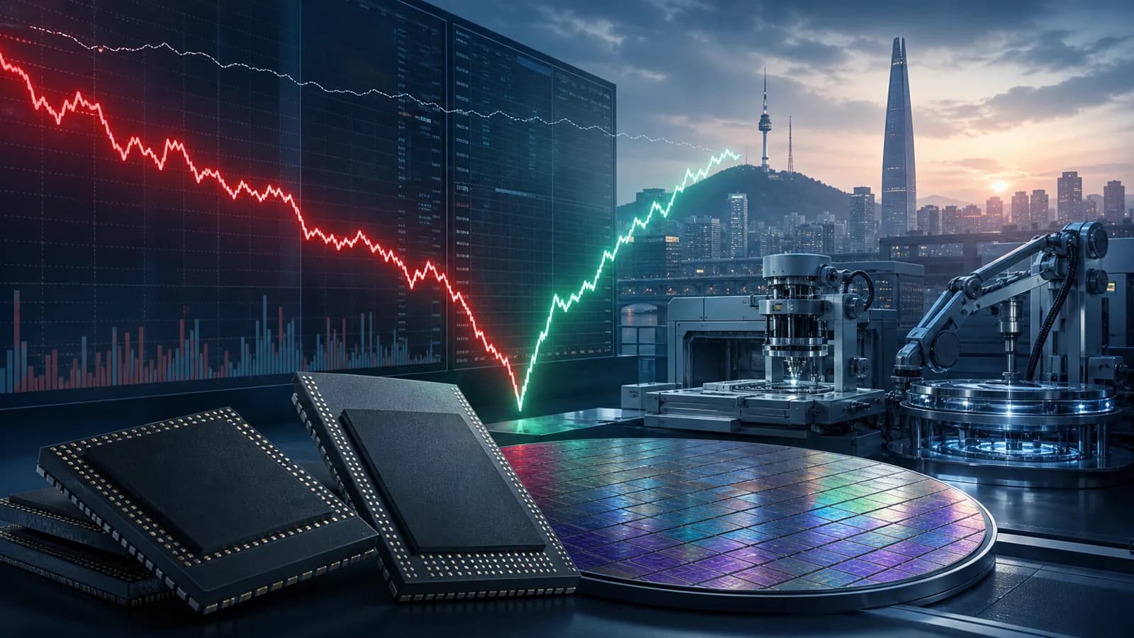 Editorial illustration of a red market decline turning into a green rebound over Seoul, with memory chips, a silicon wafer, and semiconductor production equipment in the foreground