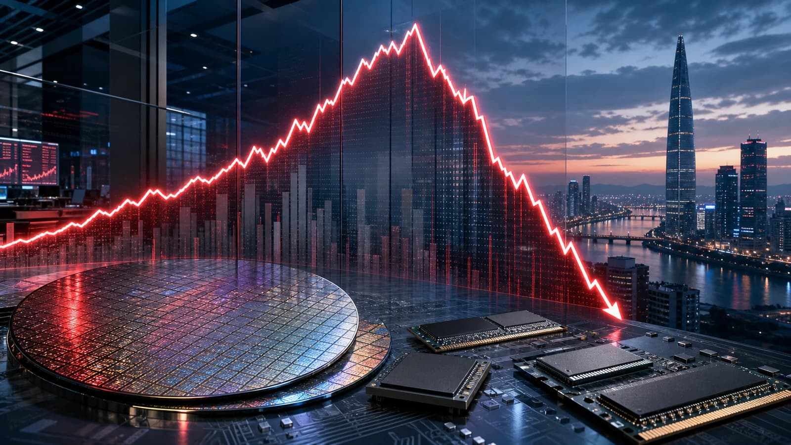 Editorial illustration of a steep market rise and fall over Seoul with semiconductor wafers and memory chips in the foreground
