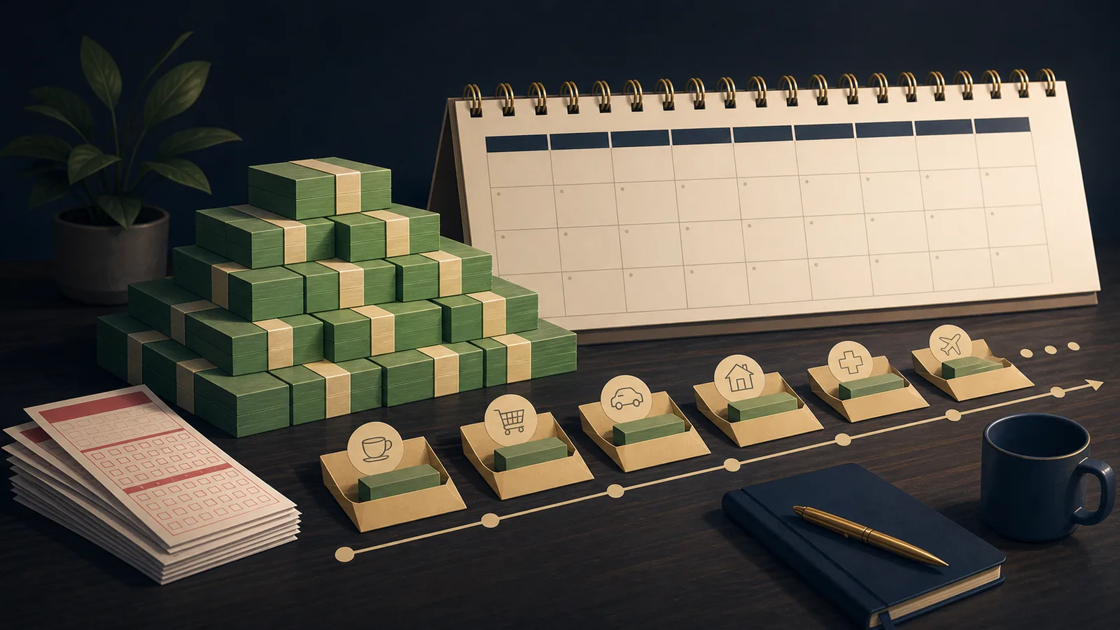 Illustration of a lottery prize, calendar, and daily spending envelopes