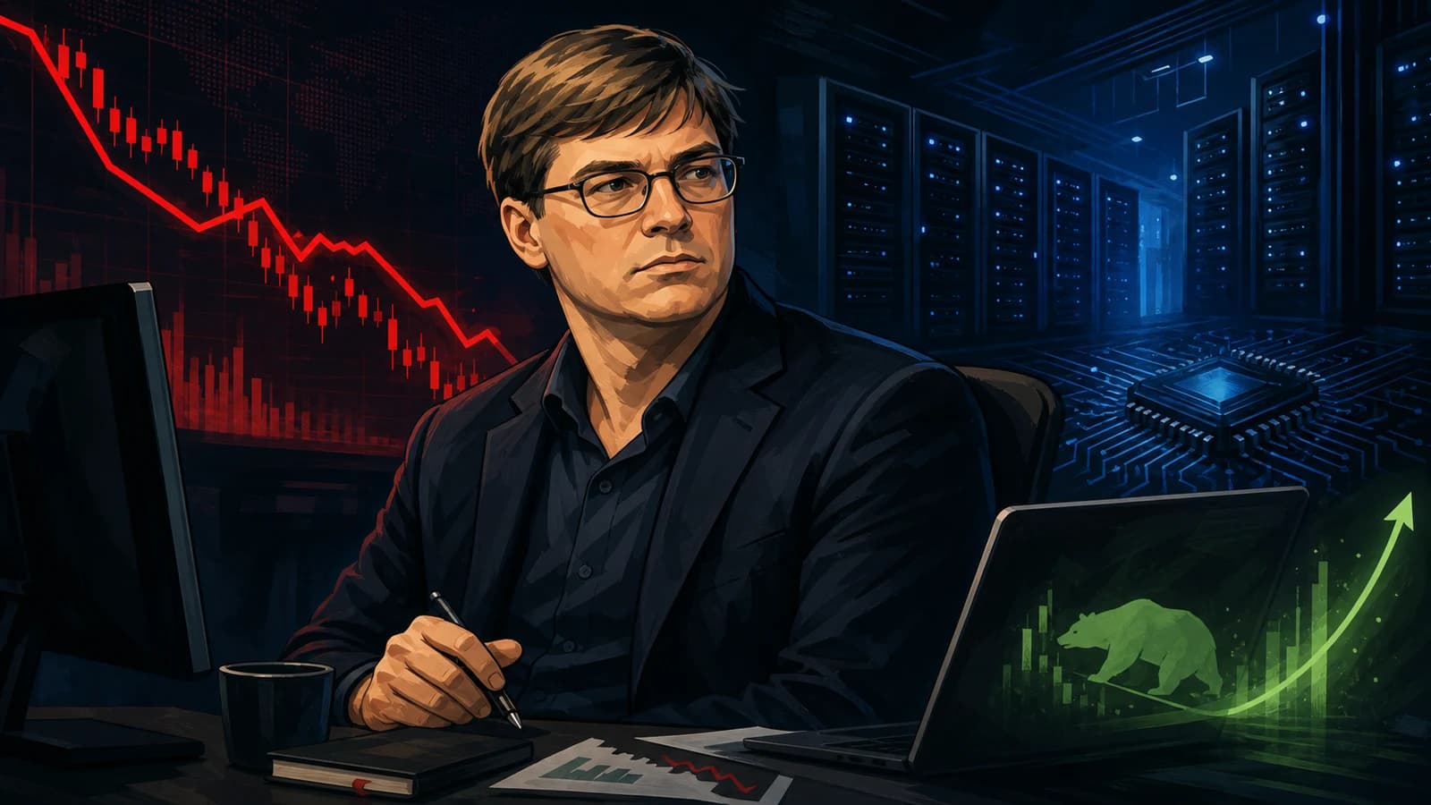 Illustration of a Michael Burry-like investor watching a falling AI stock chart with semiconductor servers in the background