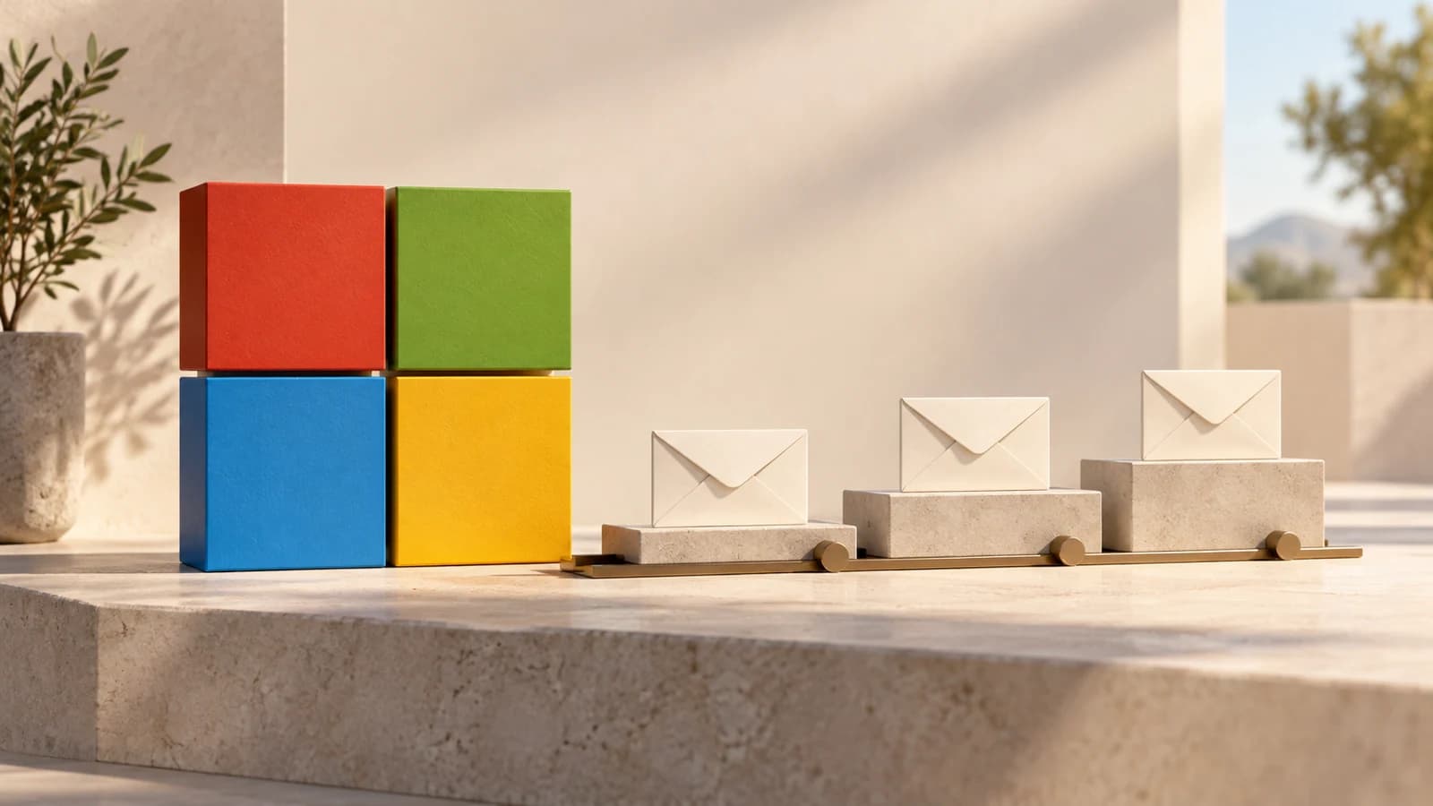 Illustration of the Microsoft four-color logo beside dividend envelopes on gradually rising platforms