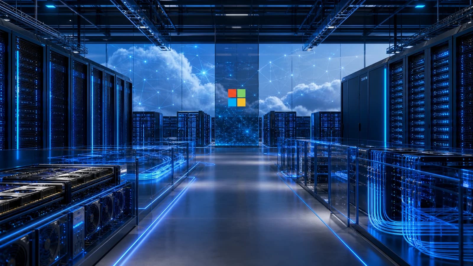 Editorial illustration of Microsoft Azure cloud and AI infrastructure inside a blue-lit data center with server racks, GPU systems, and network connections