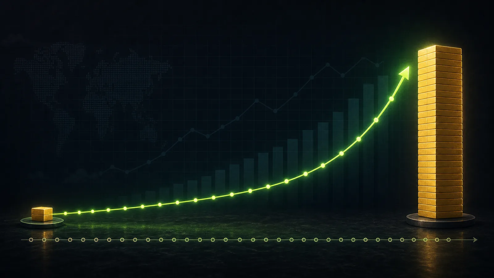 Illustration of a small principal taking a long compounding path toward a large target