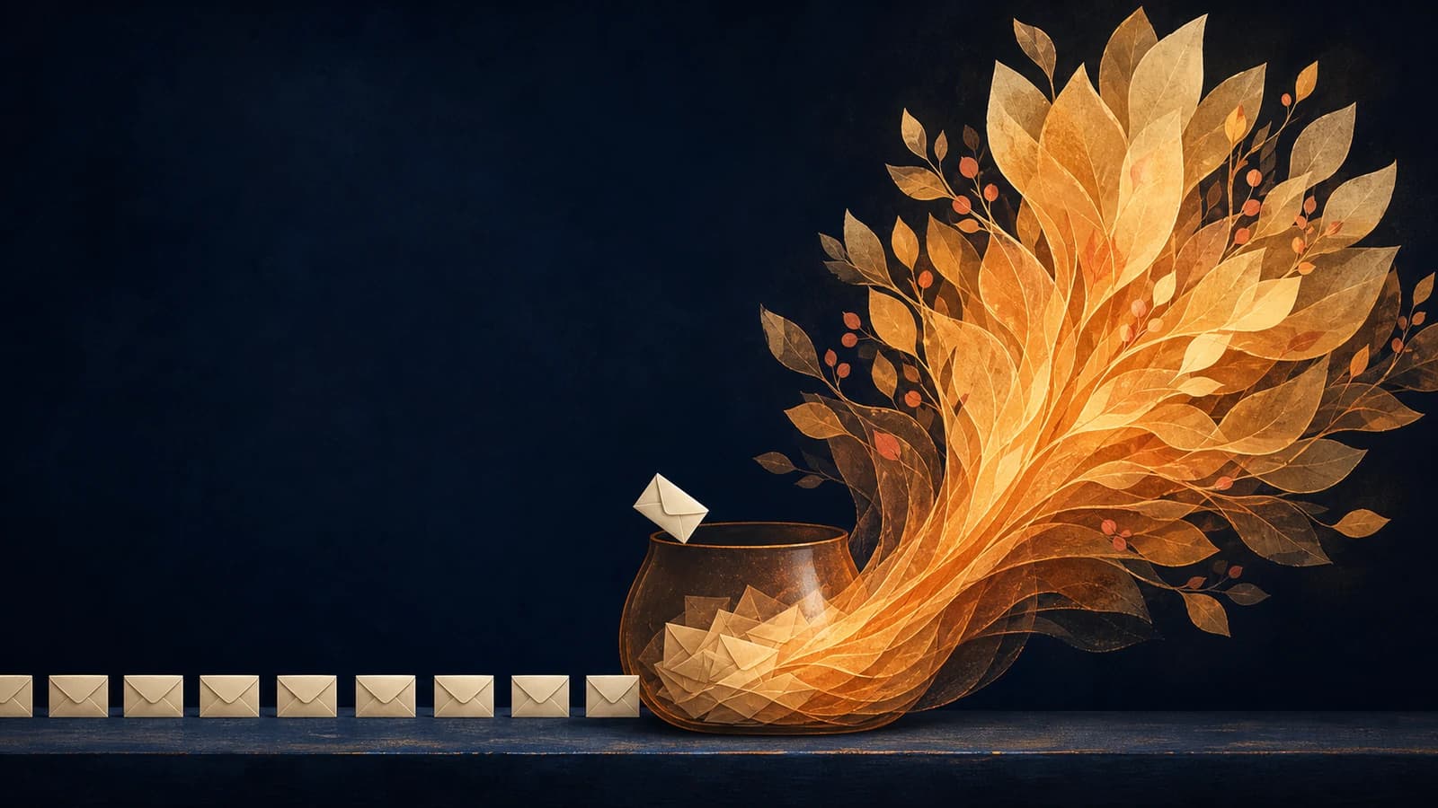 Editorial illustration of recurring envelopes flowing into an amber vessel and growing into a luminous branching form