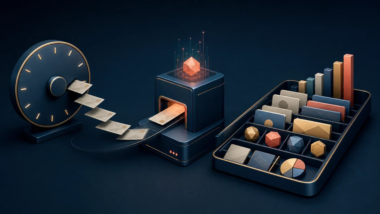 Editorial illustration of monthly contributions passing through an automatic investment platform into a diversified portfolio