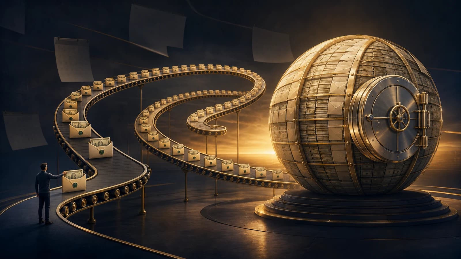 Editorial illustration of monthly investment envelopes traveling along a spiral conveyor into a monumental vault
