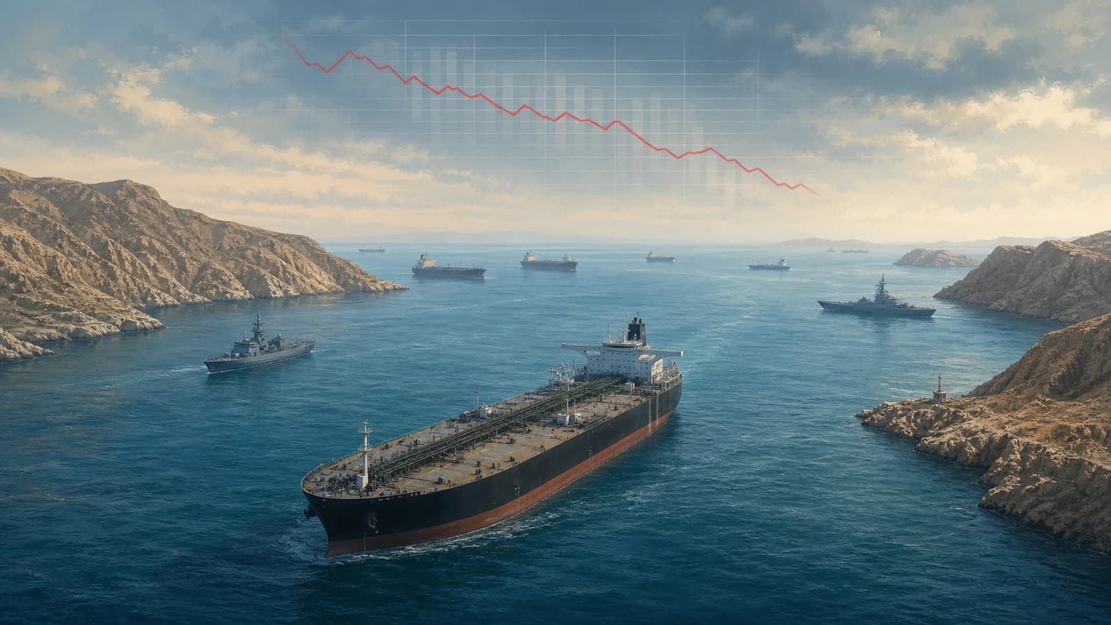 Editorial illustration of oil tankers moving through the Strait of Hormuz under naval monitoring with a falling crude-market line