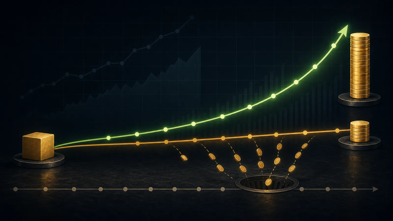 Illustration of investment fees reducing a compounding money path over time