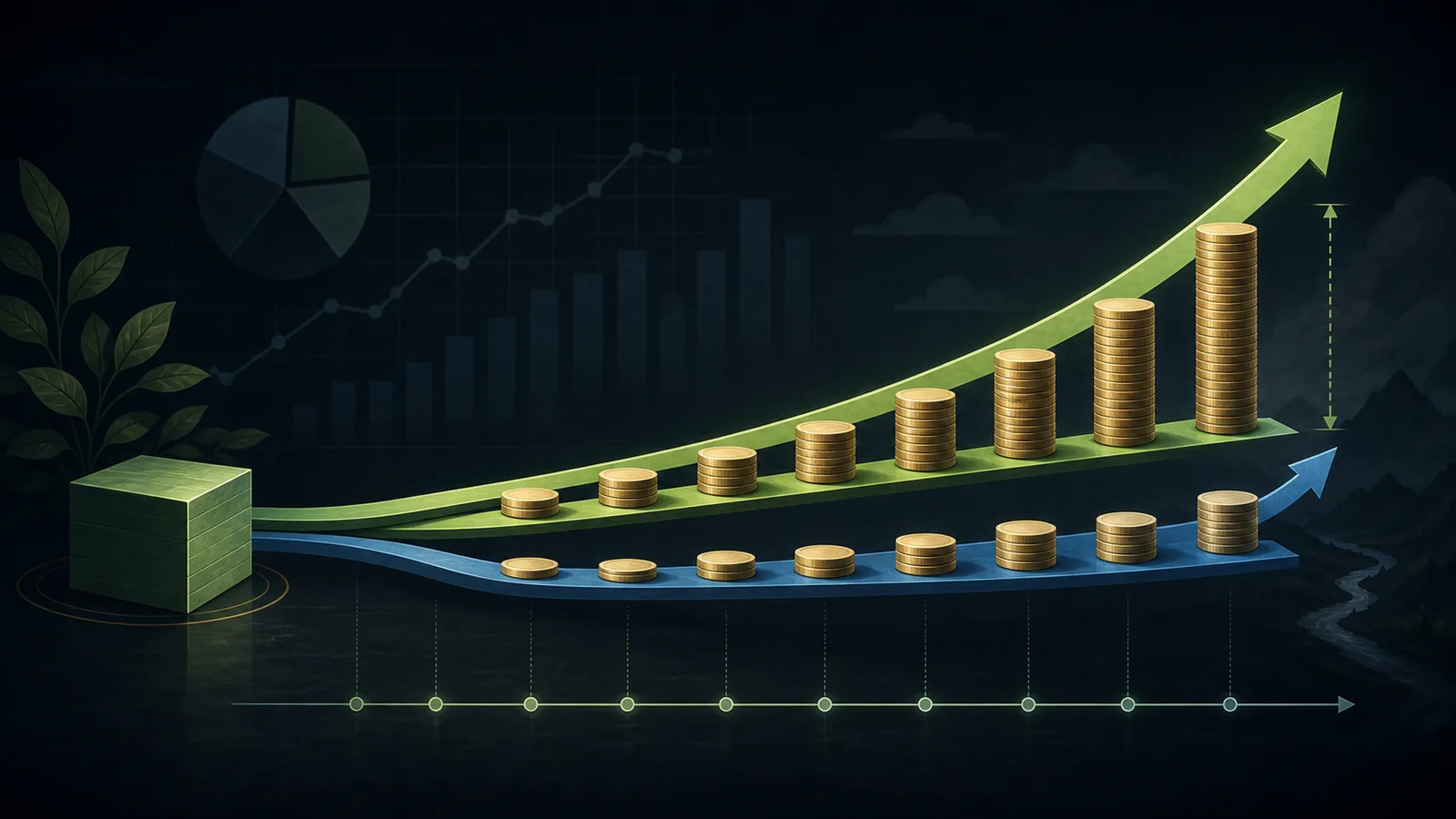Illustration of two compounding money paths separating over time