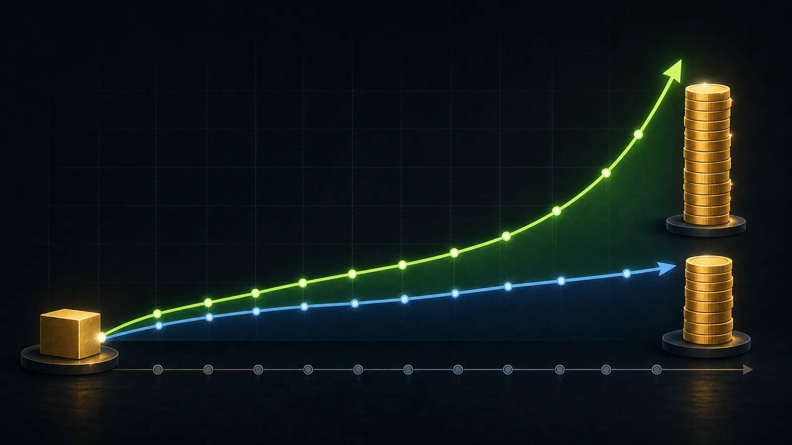 Illustration of two close daily return paths separating into a large final money gap