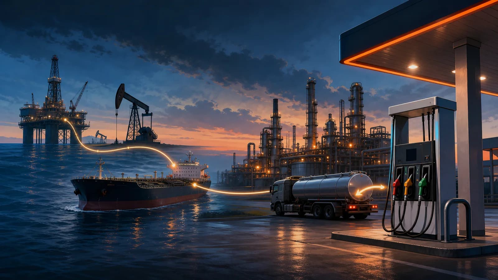 Editorial illustration of crude oil production, refinery pipes, and a gas station showing why OPEC+ oil output does not immediately lower gas prices