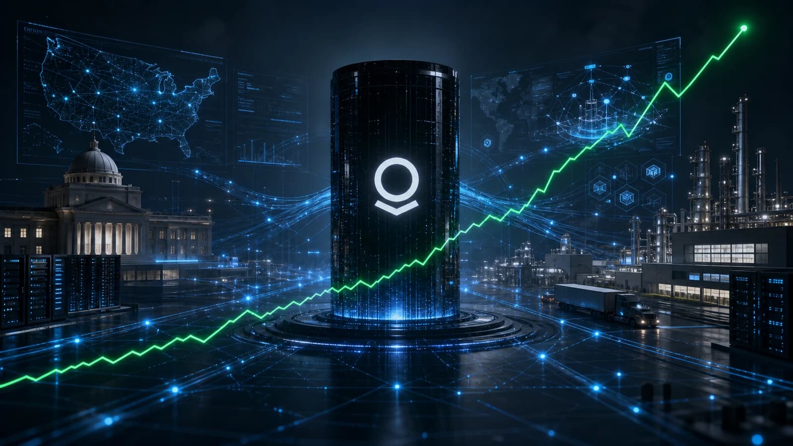 Editorial illustration of Palantir AI data infrastructure linking U.S. government and industrial systems with a rising after-hours market line