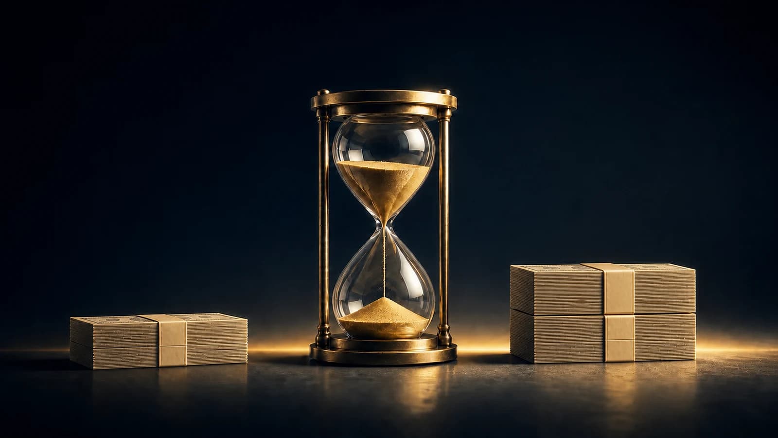 A brass hourglass between one money bundle and two identical bundles, representing an investment doubling over time