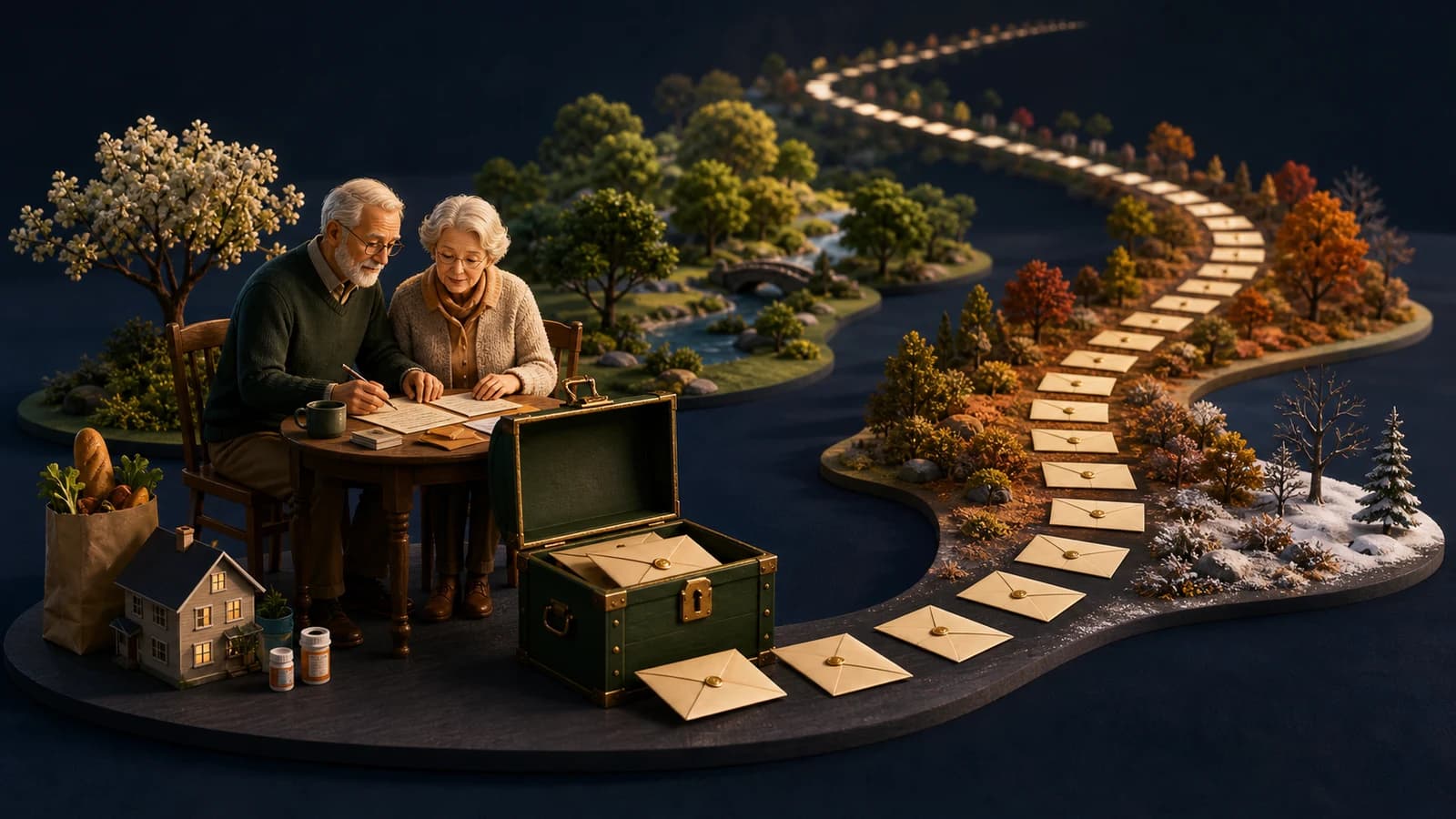 An older couple plans retirement spending beside a finite fund chest and a long trail of monthly envelopes passing through changing seasons
