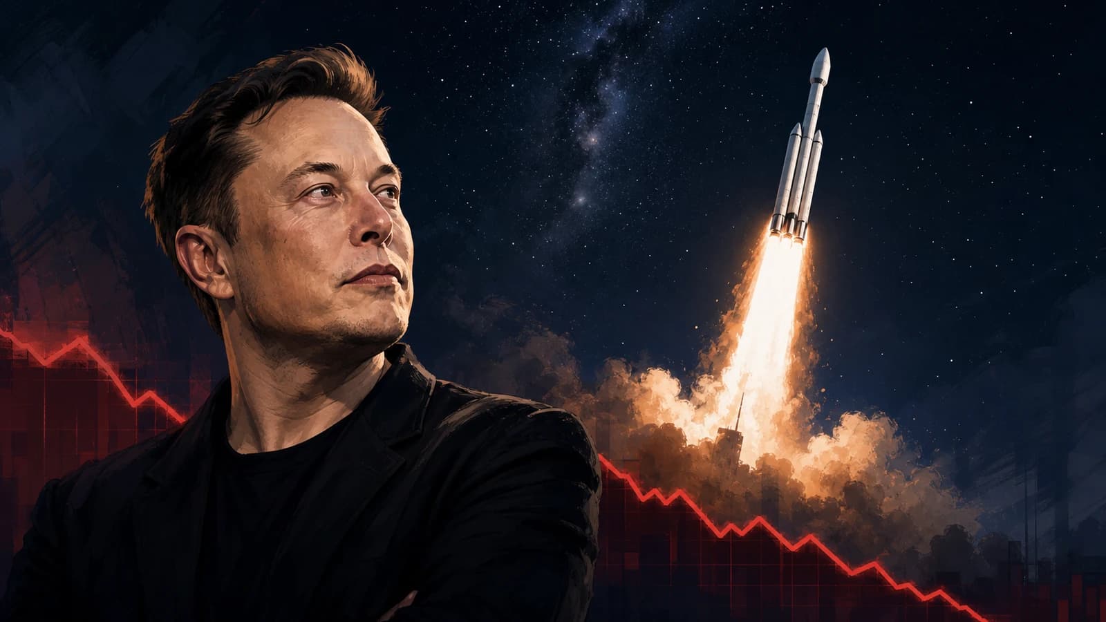 Editorial illustration of Elon Musk beside a rising rocket and a red descending market line