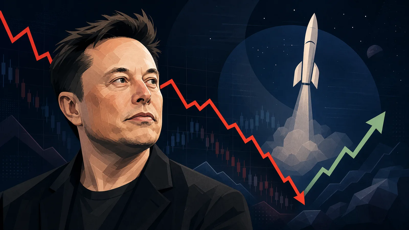 Illustration of Elon Musk, a rocket, and a falling stock chart with a recovery arrow