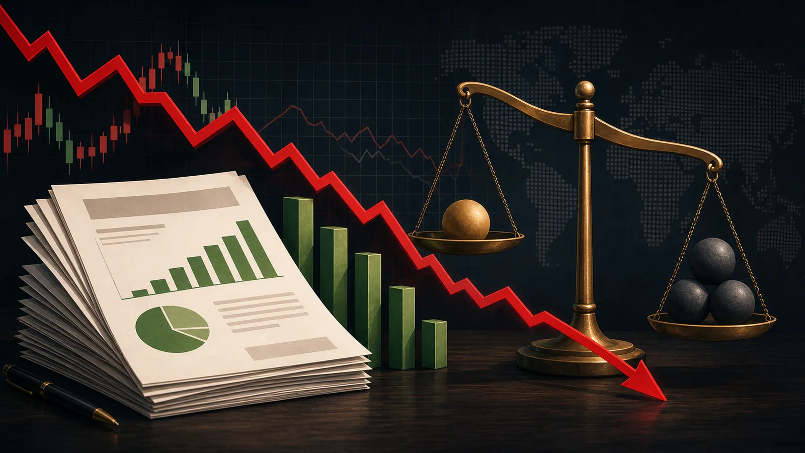 Illustration of good earnings bars and a falling stock price line