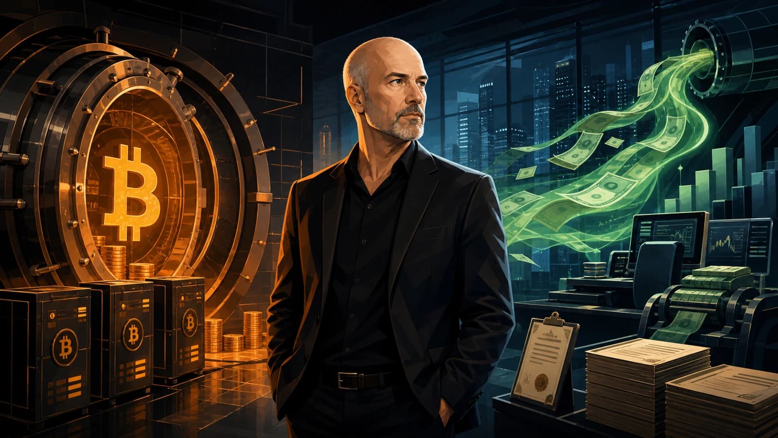 Illustration of a Michael Saylor-like executive between a Bitcoin vault and dollar cash reserve flows