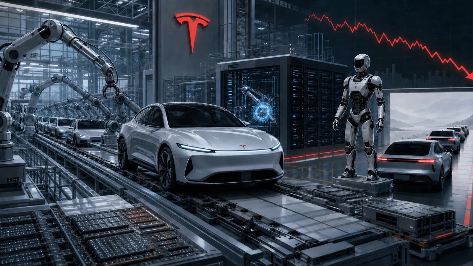 Editorial illustration of a Tesla electric-vehicle production line with robotic arms, a humanoid robot, AI servers, and a falling after-hours stock line