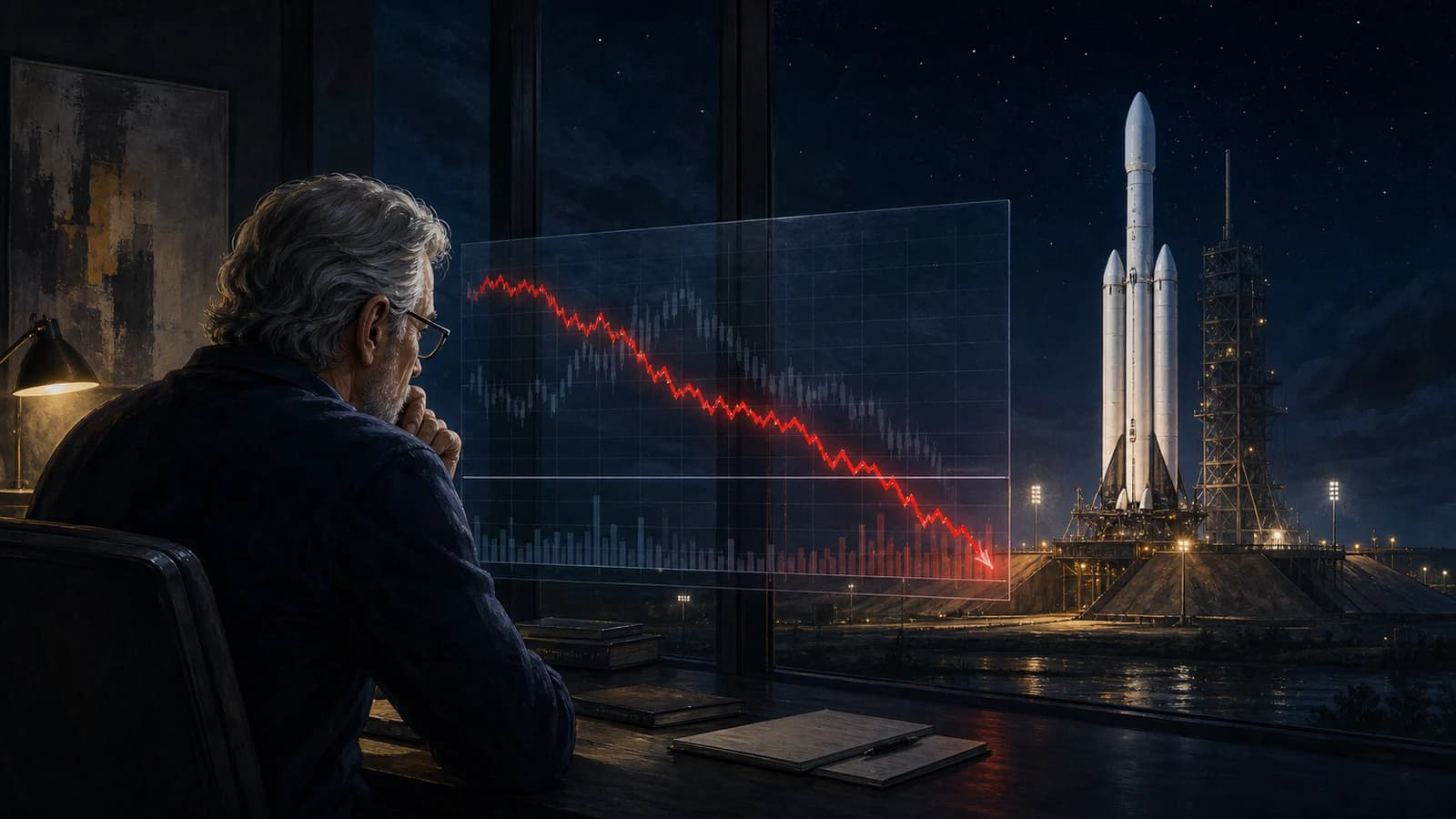 Editorial illustration of an older trader watching a red stock chart fall below a threshold line beside a rocket on a launchpad