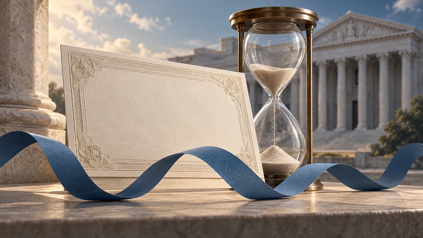 Illustration of a bond certificate, hourglass and wavy blue ribbon in front of a Treasury-like building