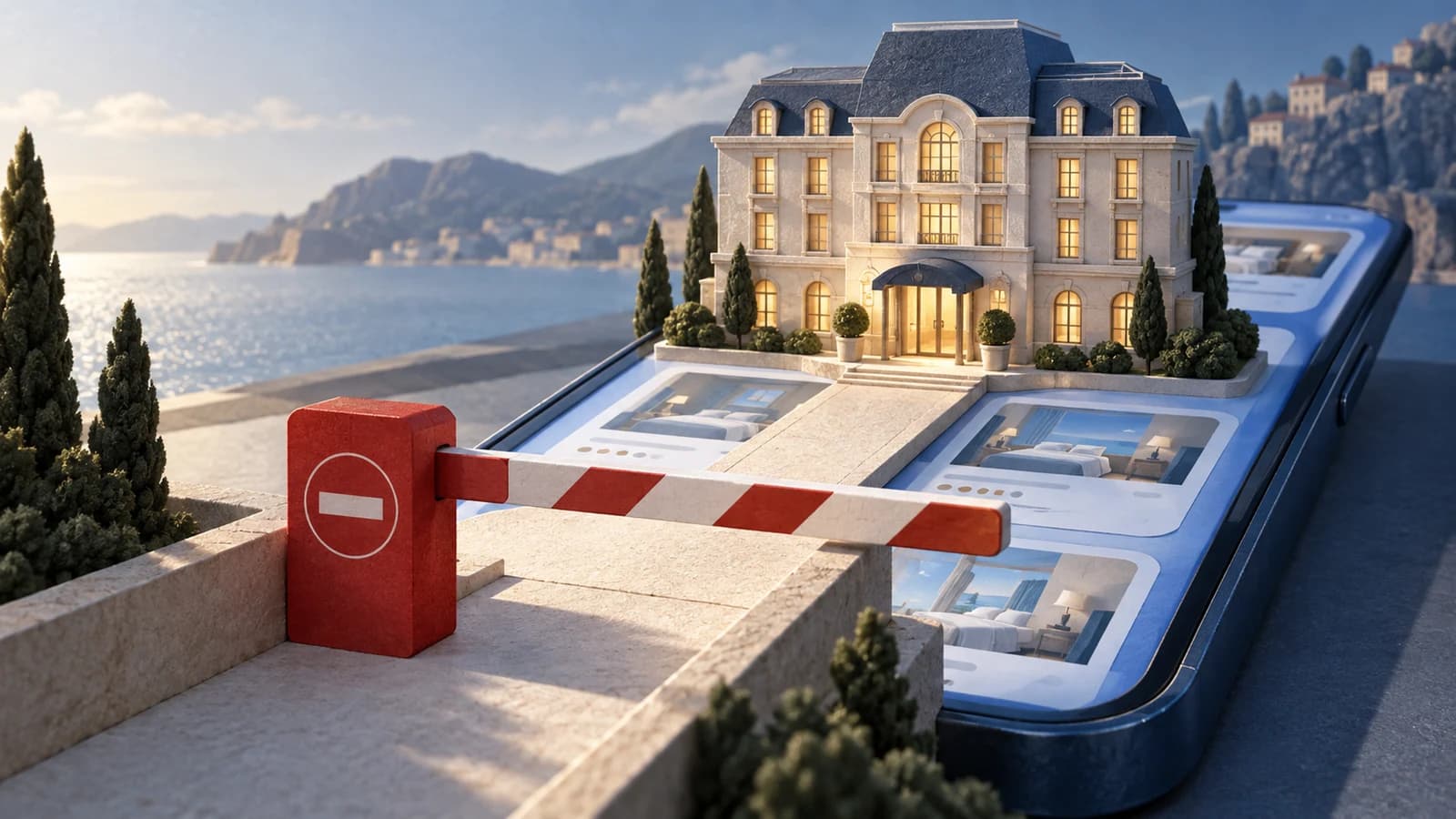 Editorial illustration of a hotel on a travel-booking phone with a red access barrier