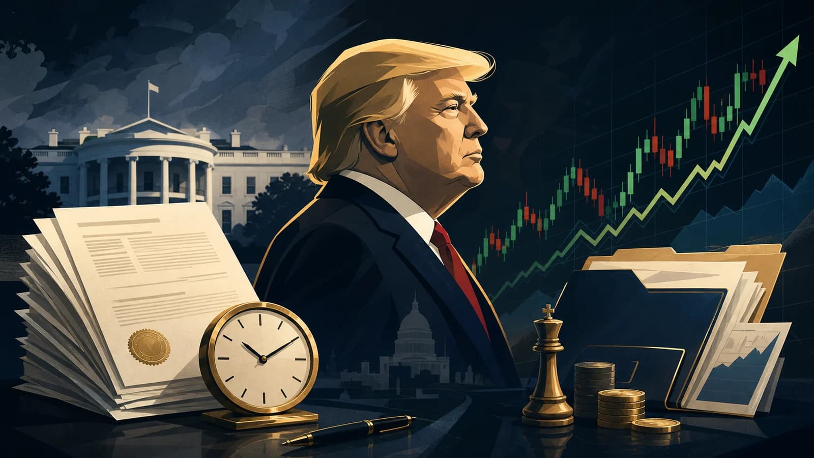 Illustration of a Trump-like public figure, financial disclosure papers, a clock, and stock market lines showing policy timing concerns