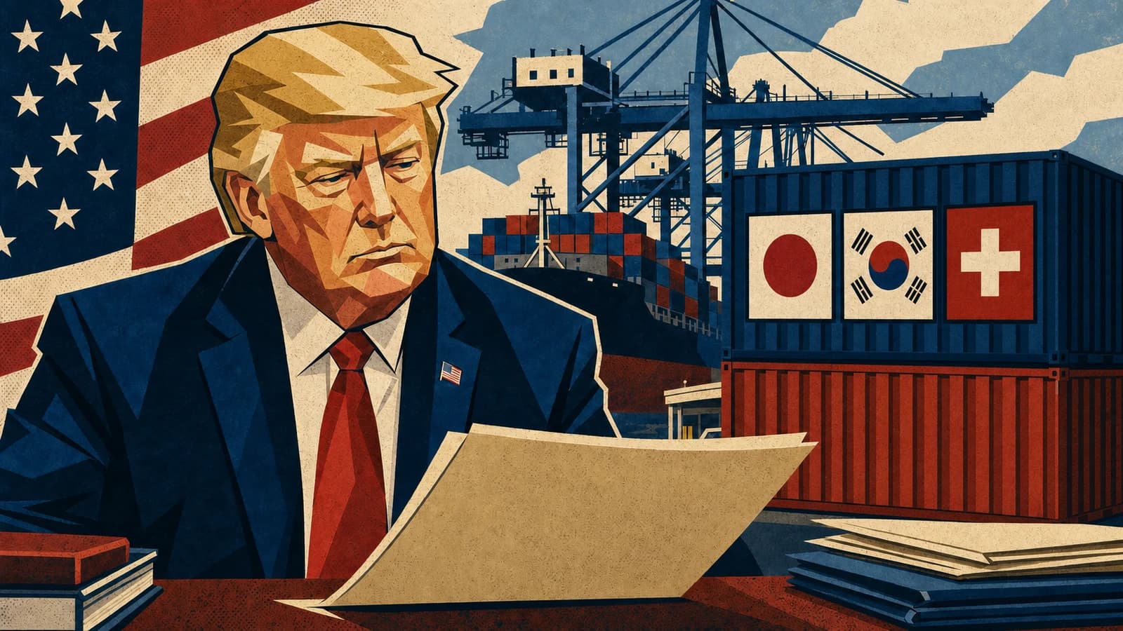 Graphic editorial illustration of Donald Trump reviewing a tariff document at a U.S. cargo port, with equal markers for Japan, South Korea and Switzerland